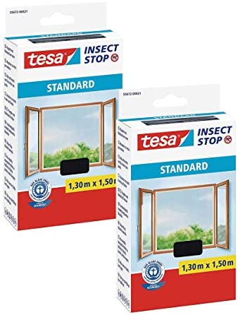 tesa® Insect Stop Standard Fliegengitter für Fenster – Insektenschutz zuschneidbar (2er Pack – Anthrazit (Durchsichtig), 1,3m:1,5m)